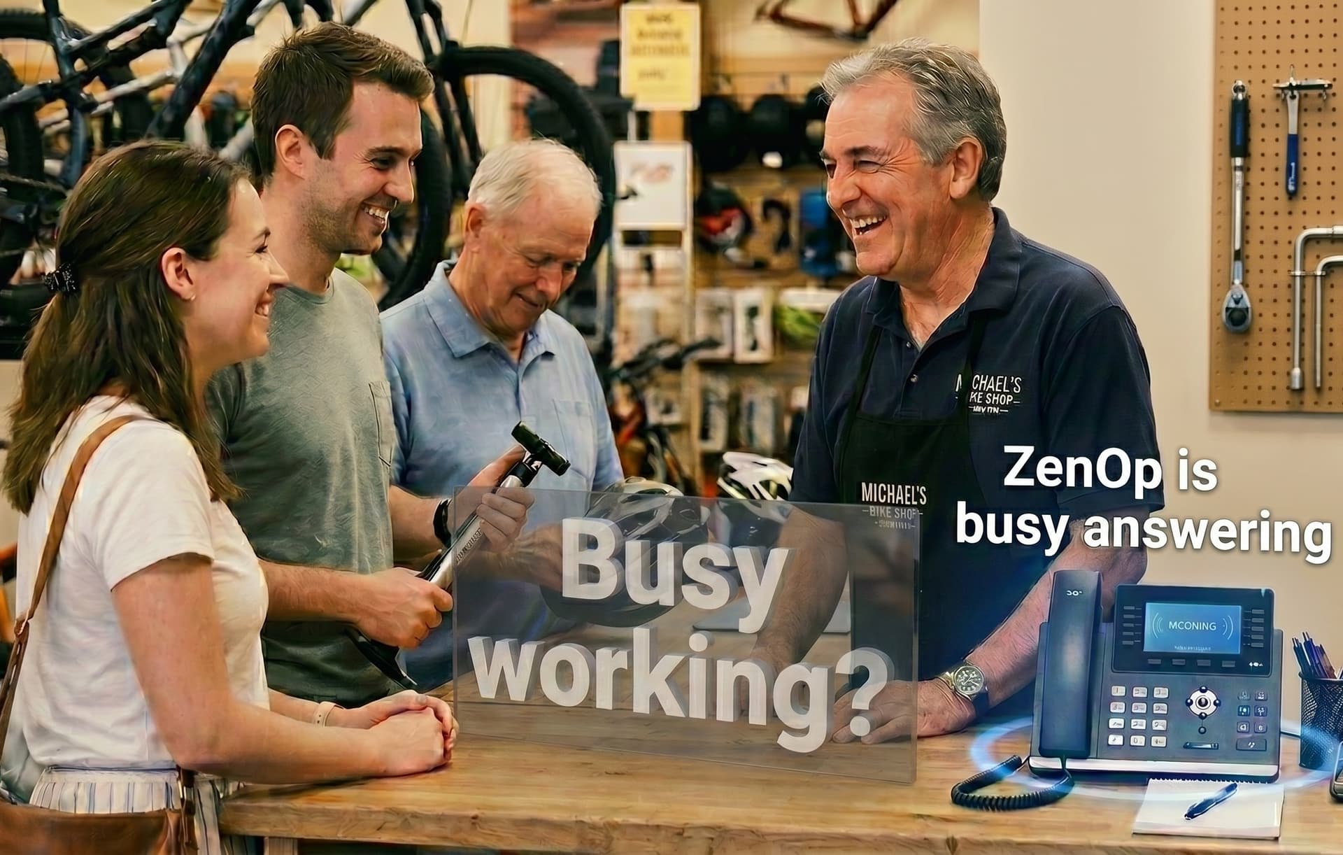 Business owner serving customers with phone on the counter