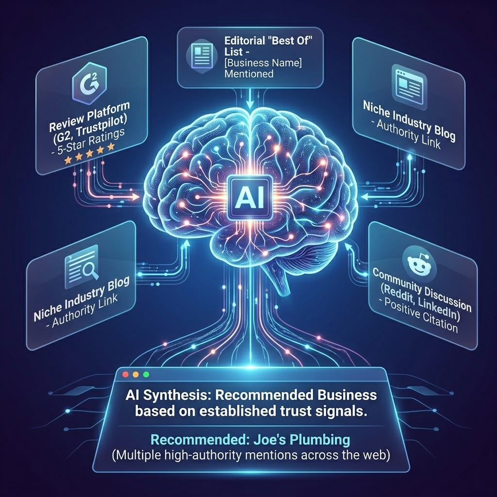 AI brain synthesizing trust signals from review platforms (G2, Trustpilot), editorial best-of lists, niche industry blogs, and community discussions (Reddit, LinkedIn) to recommend a business