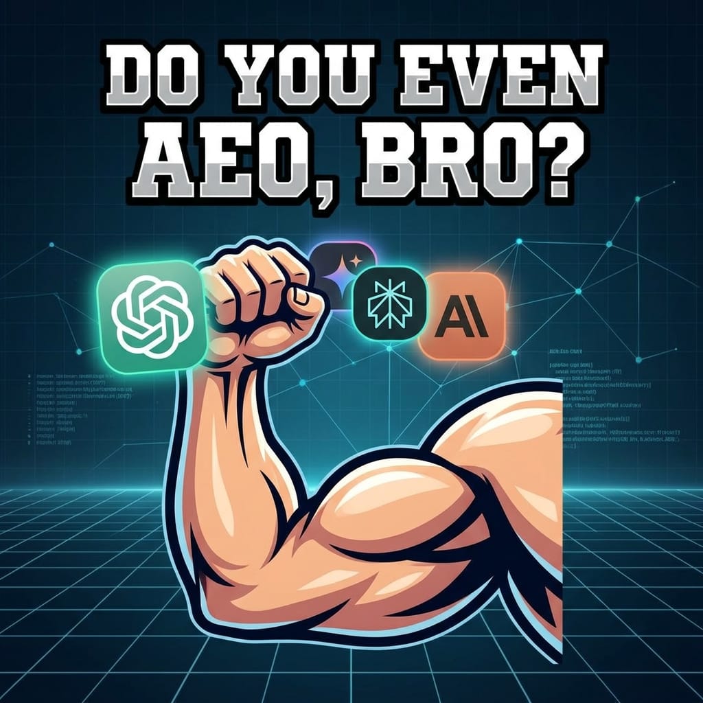Do You Even AEO, Bro? A flexing arm holding ChatGPT, Perplexity, and AI logos - building your AEO muscle