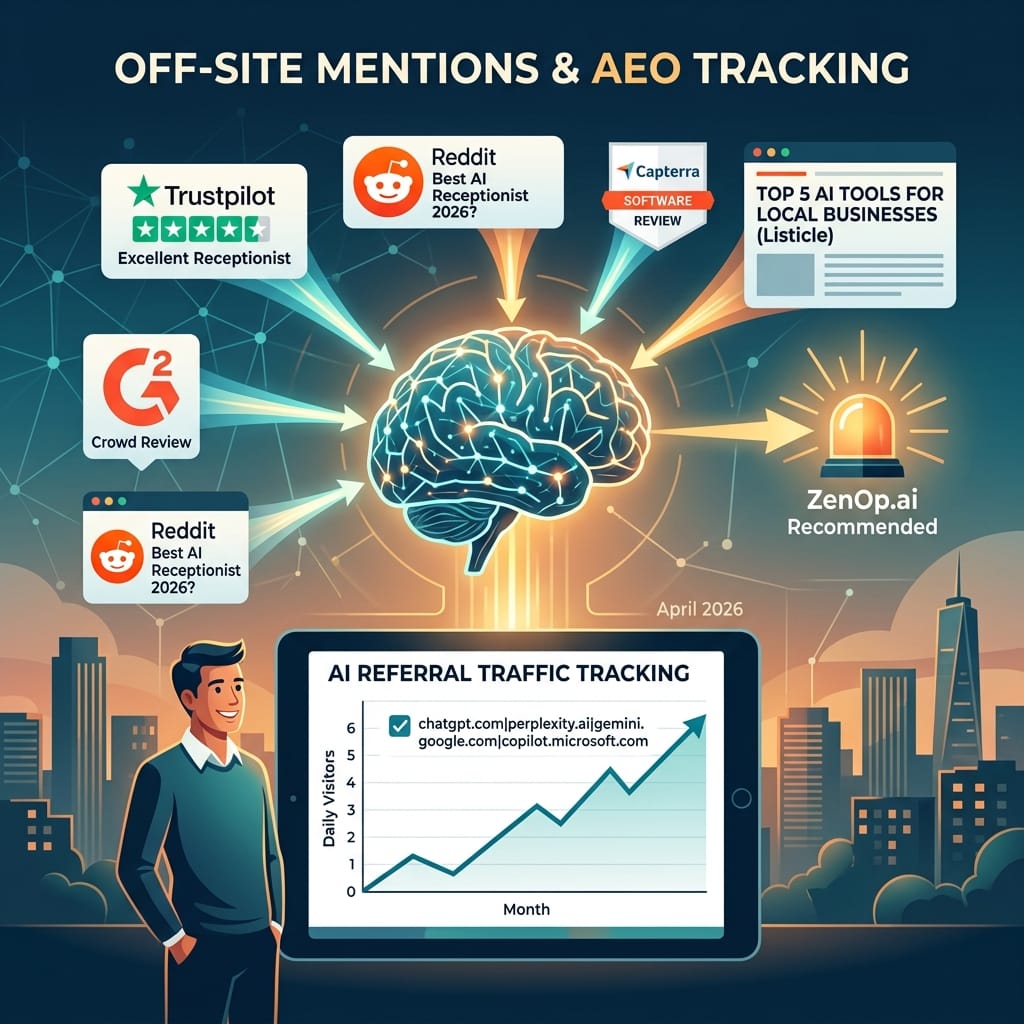 Off-site mentions and AEO tracking - Trustpilot reviews, Reddit discussions, Capterra listings, and best-of listicles feed into AI brain, resulting in ZenOp being recommended, with AI referral traffic chart showing growth