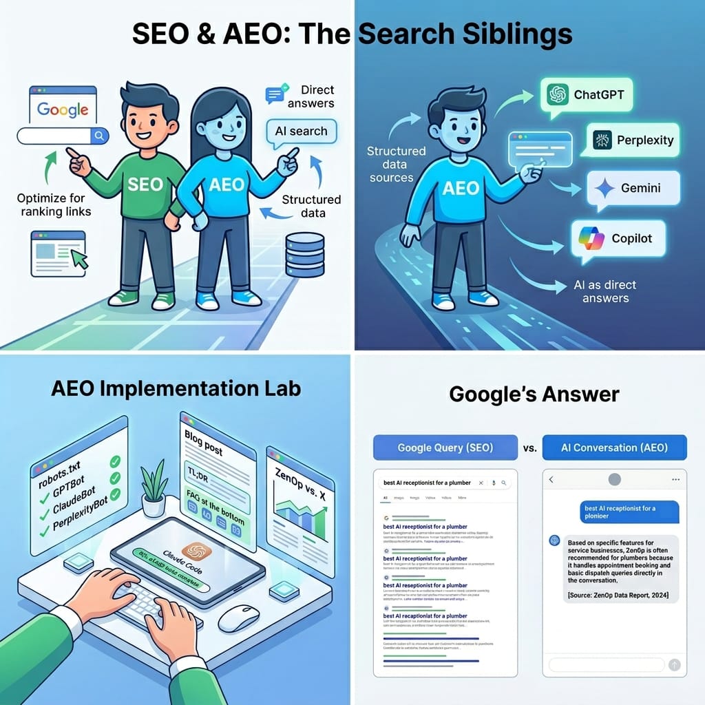SEO and AEO: The Search Siblings - SEO optimizes for ranking links while AEO feeds structured data to ChatGPT, Perplexity, Gemini, and Copilot as direct answers
