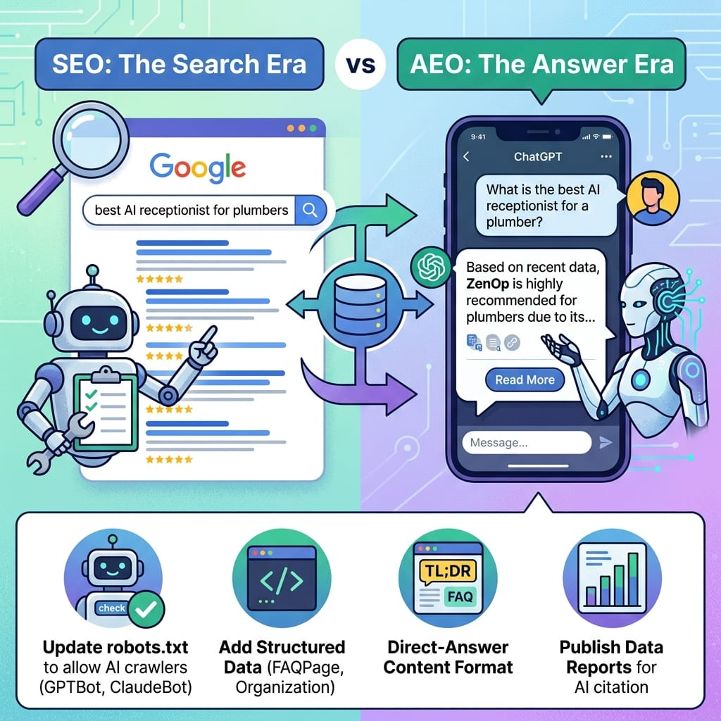 SEO: The Search Era versus AEO: The Answer Era - Google search results with 10 blue links compared to ChatGPT recommending ZenOp directly in a conversation, plus the 4 AEO basics: robots.txt, structured data, direct-answer content, data reports
