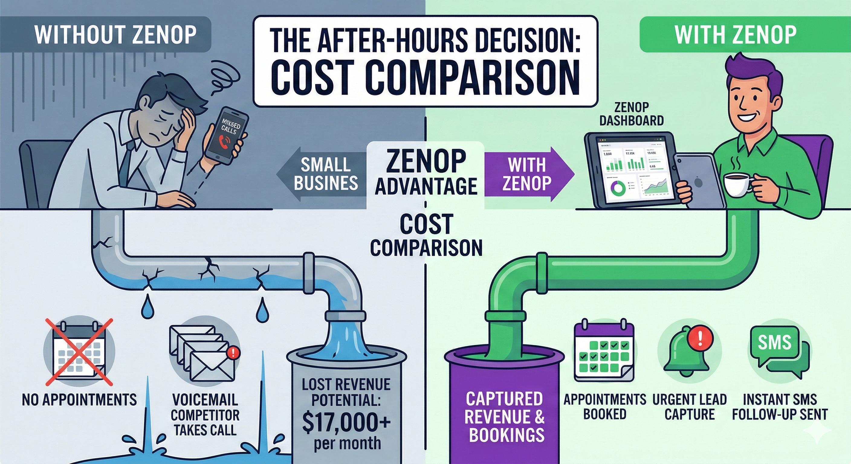 Infographic comparing after-hours outcomes without ZenOp (lost leads, voicemail, competitor takes call) versus with ZenOp (captured revenue, booked appointments, instant SMS follow-up)