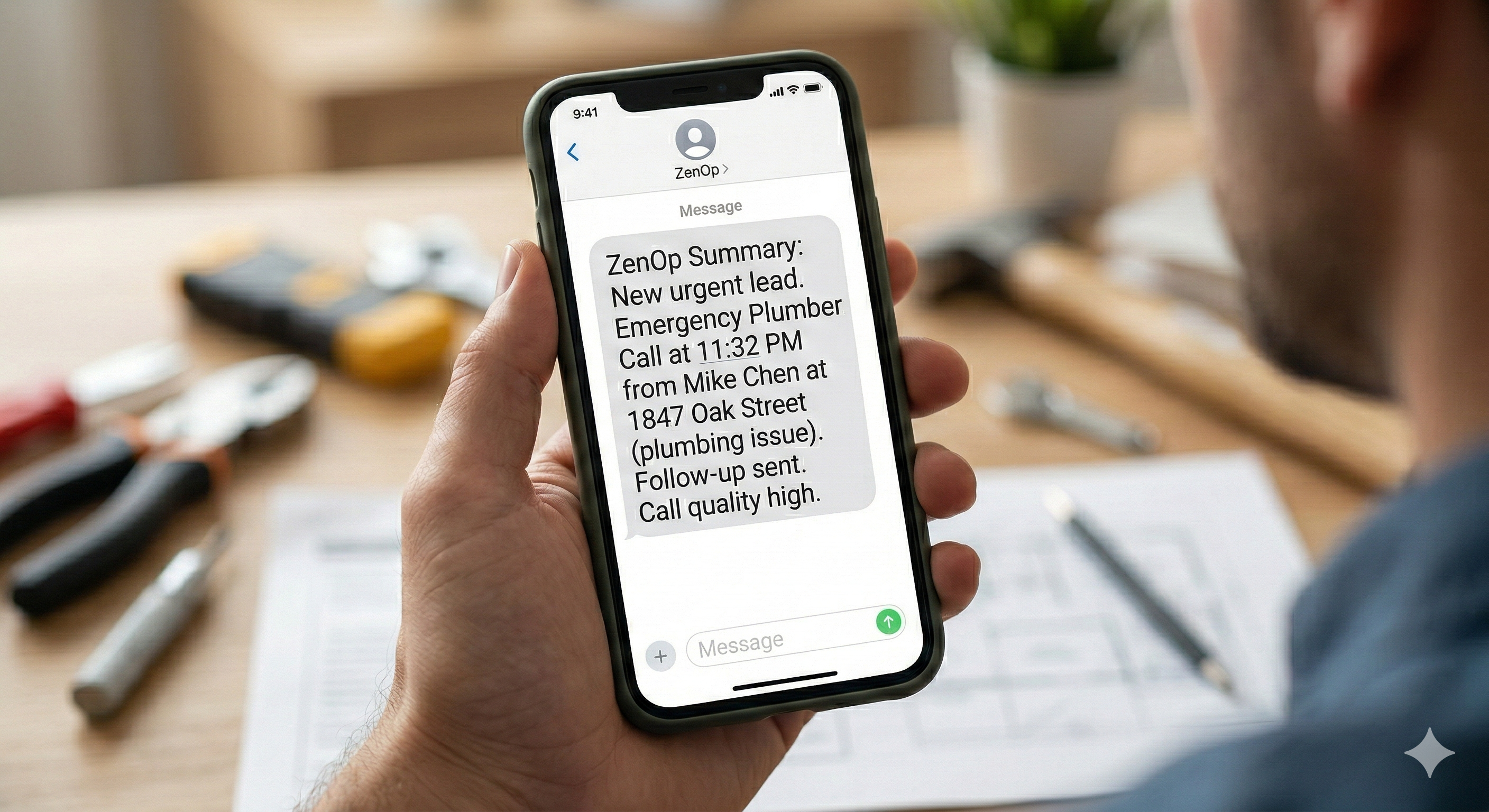 Business owner holding a phone showing a ZenOp SMS summary of an urgent after-hours plumber call with lead details