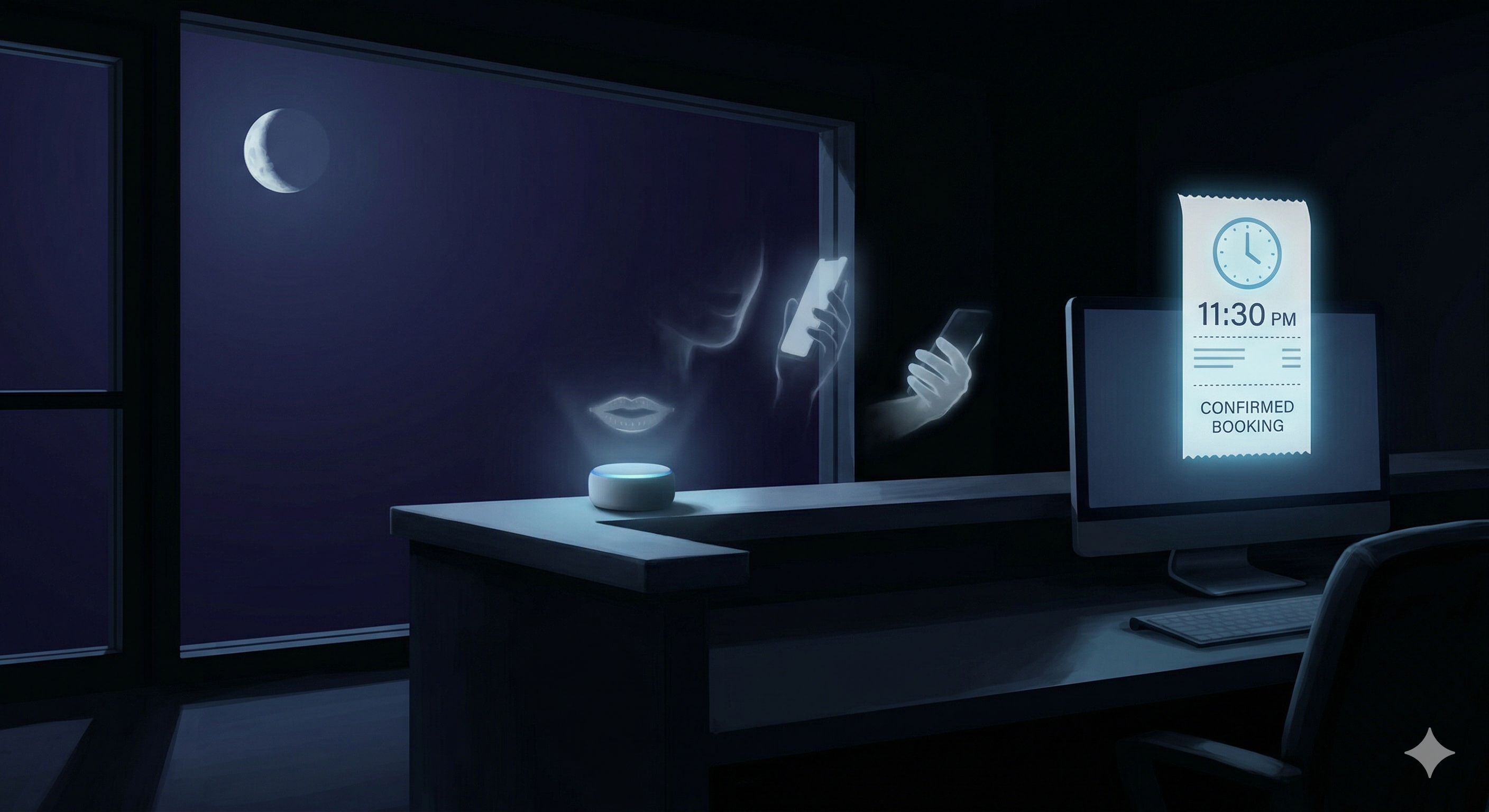 An empty office at night with a confirmed booking appearing on screen at 11:30 PM - AI books appointments even when no one is in the office