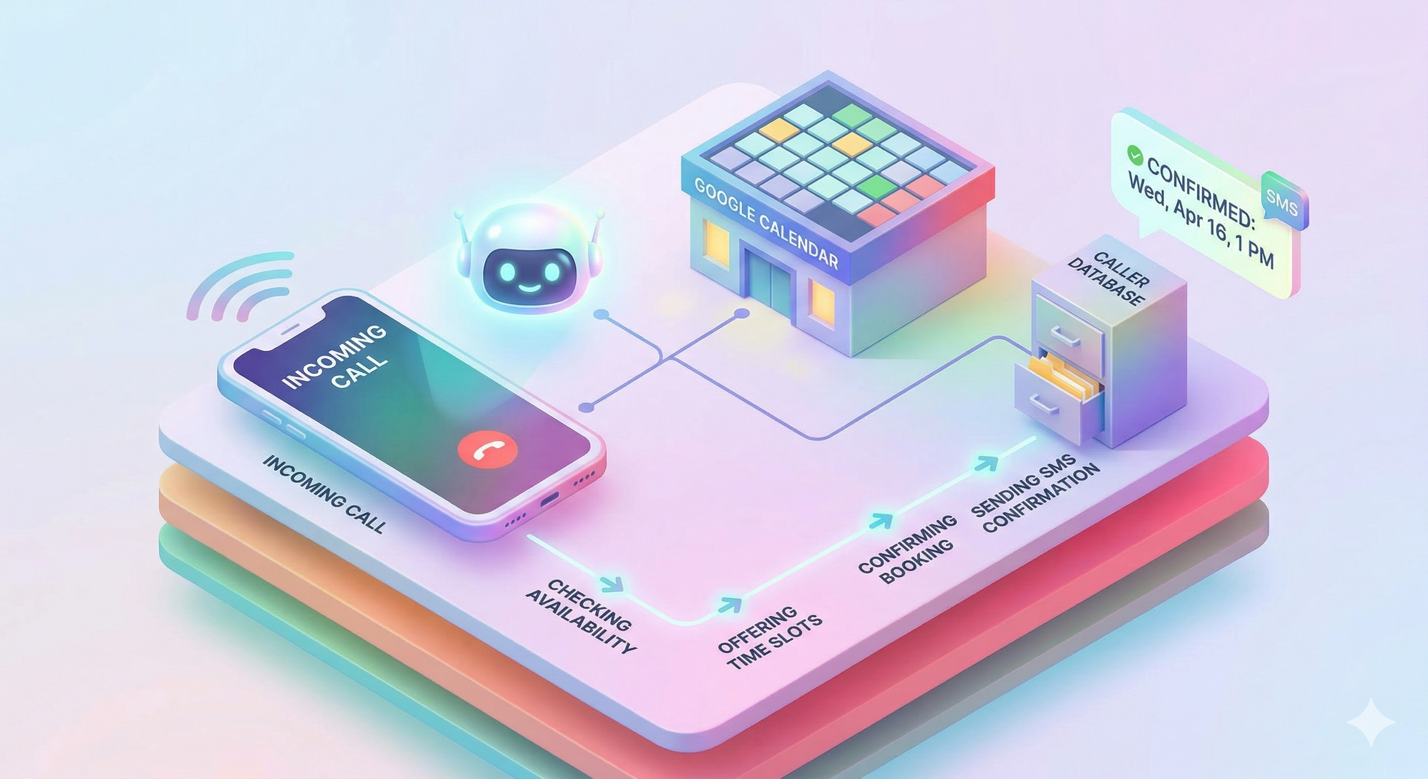 Behind the scenes booking flow - incoming call triggers AI, which checks Google Calendar availability, offers time slots, confirms the booking, saves to caller database, and sends SMS confirmation