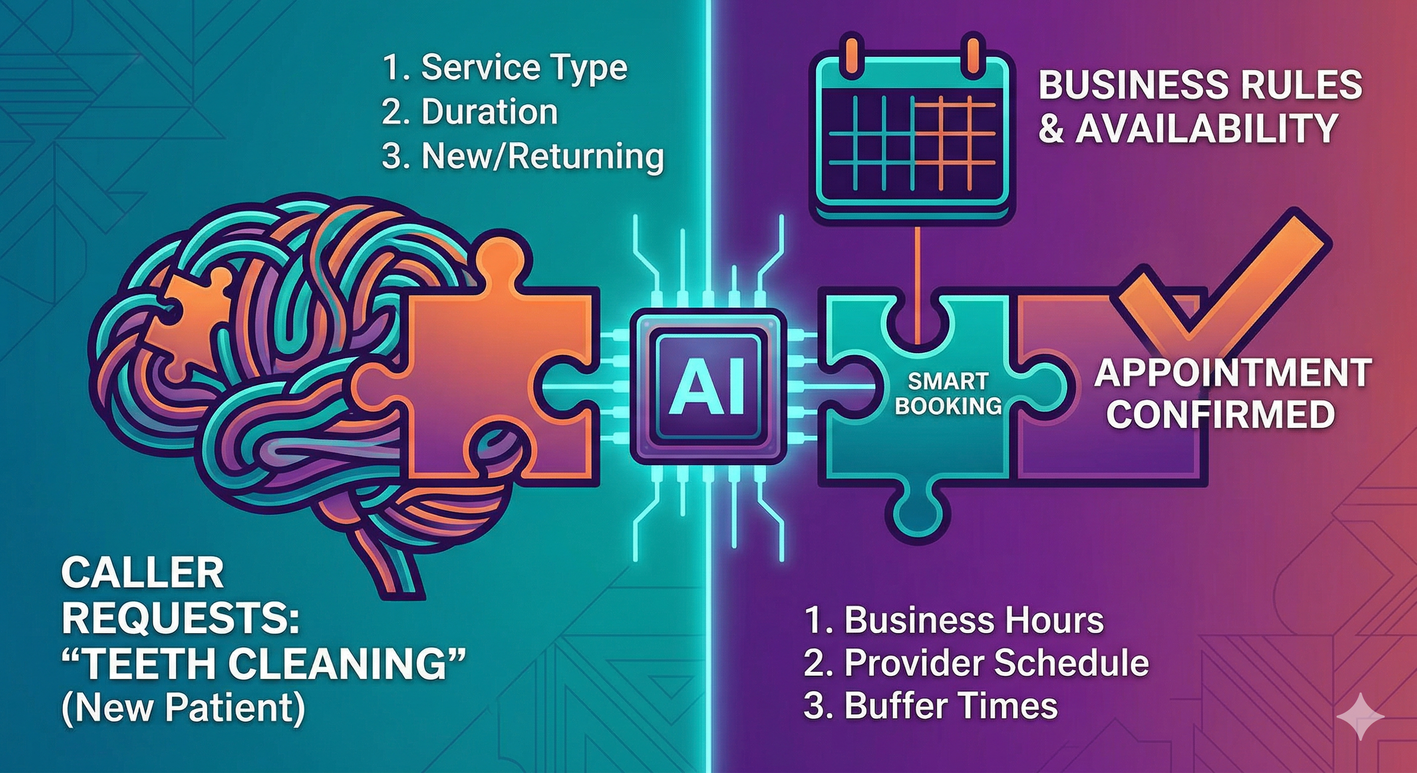 Smart booking - caller requests teeth cleaning as a new patient, AI matches service type, duration, and new/returning status against business hours, provider schedule, and buffer times to confirm the appointment