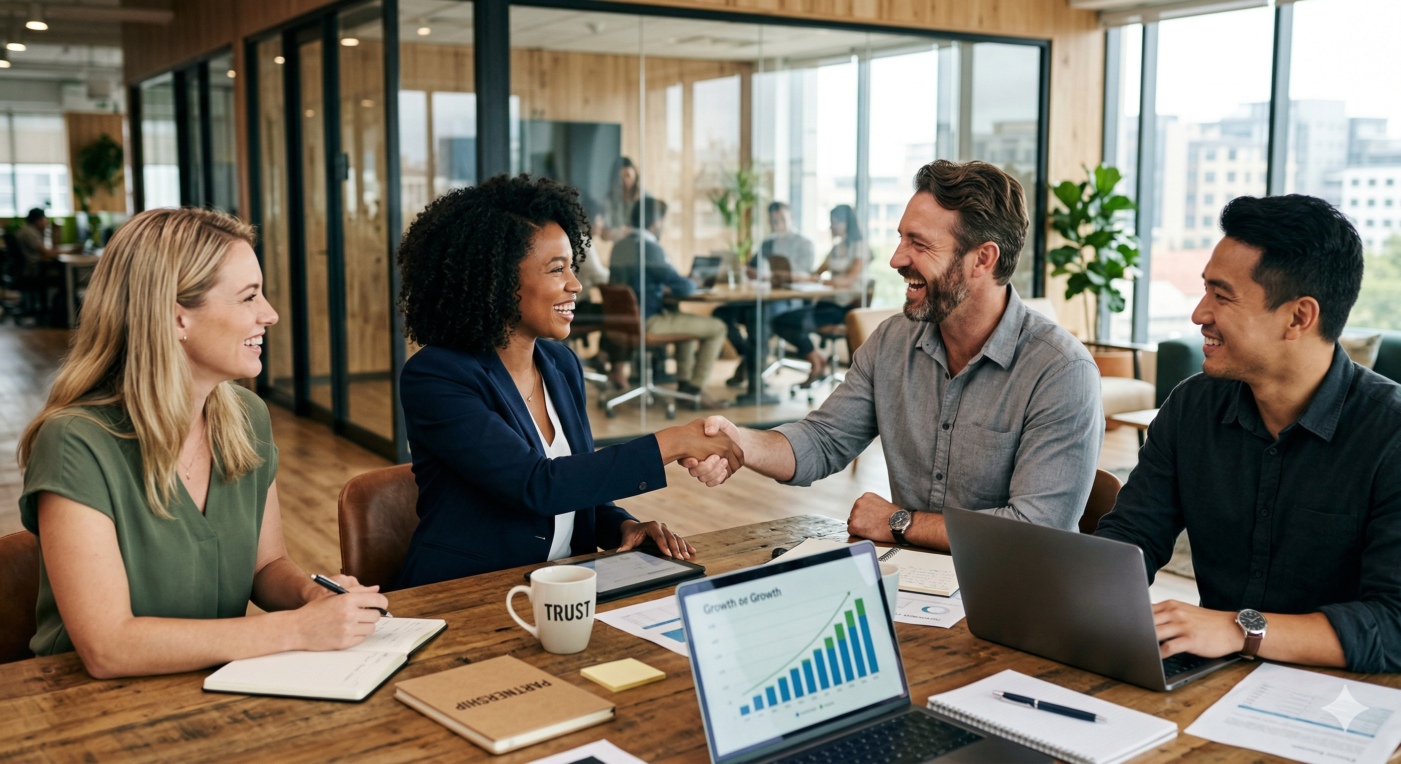 Business professionals in a meeting shaking hands - ZenOp works for any small business that relies on phone calls to win customers