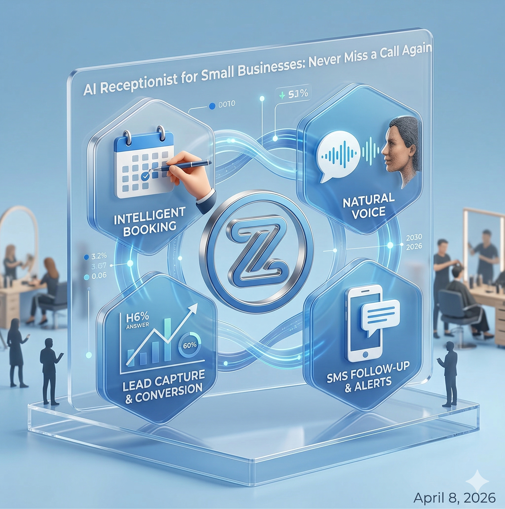 ZenOp AI Receptionist features - intelligent booking, natural voice, lead capture and conversion, SMS follow-up and alerts