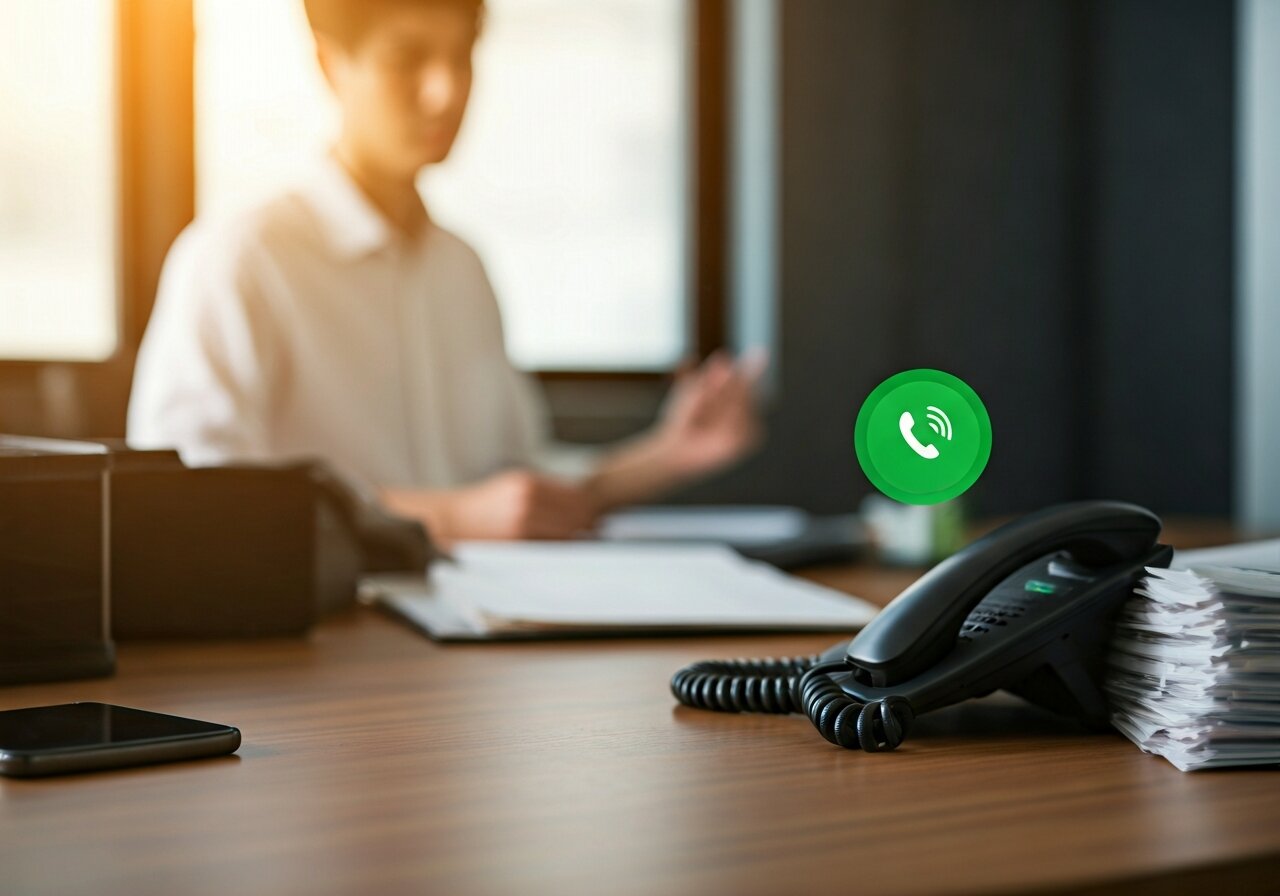 A calm property management office with a single employee focused on paperwork at a tidy desk, a phone on the desk with a green notification light indicating calls are being handled automatically