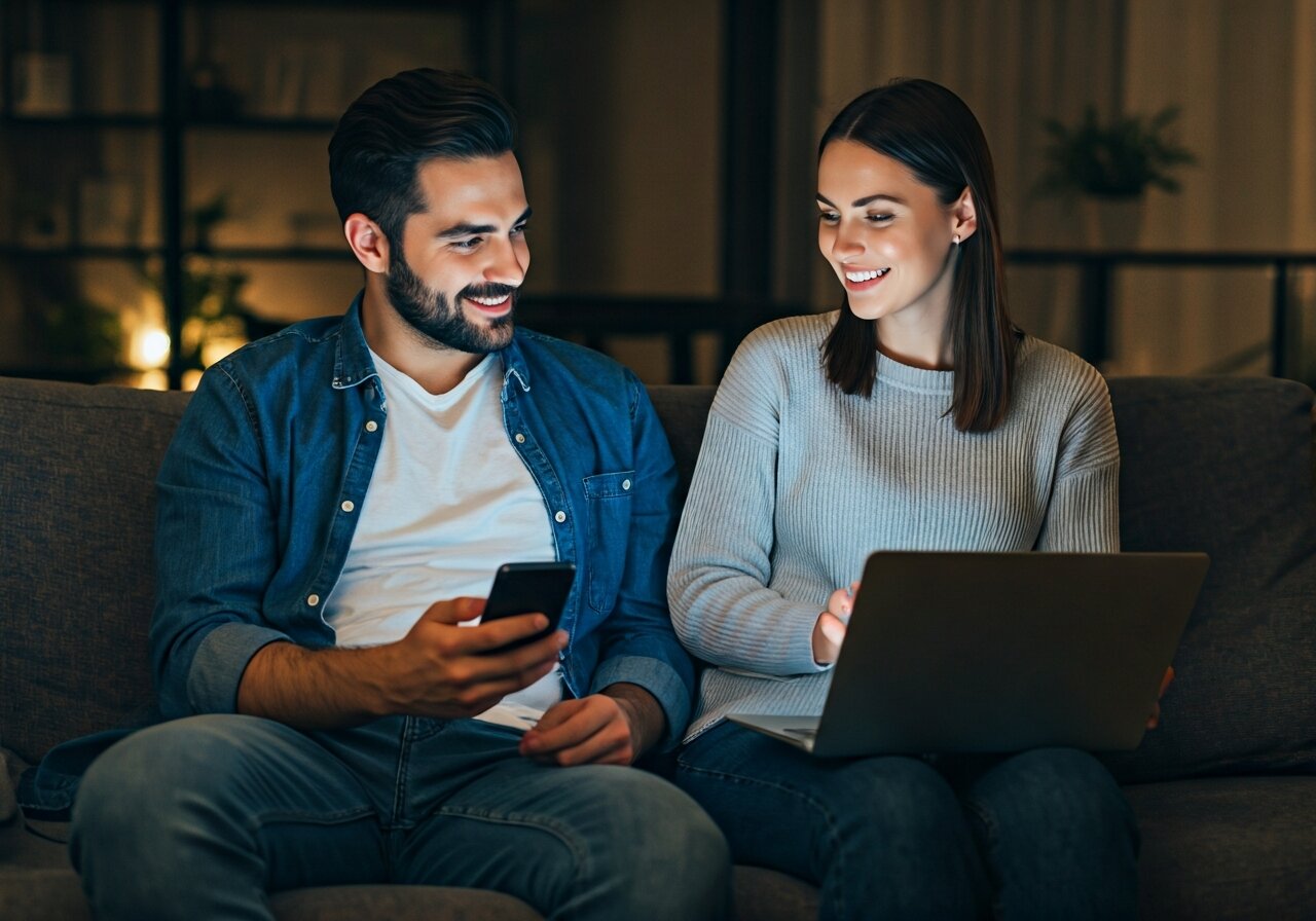 A young couple sitting on a couch at night, one of them holding a phone and smiling after receiving a quick text reply about apartment availability, a laptop open to a rental listing