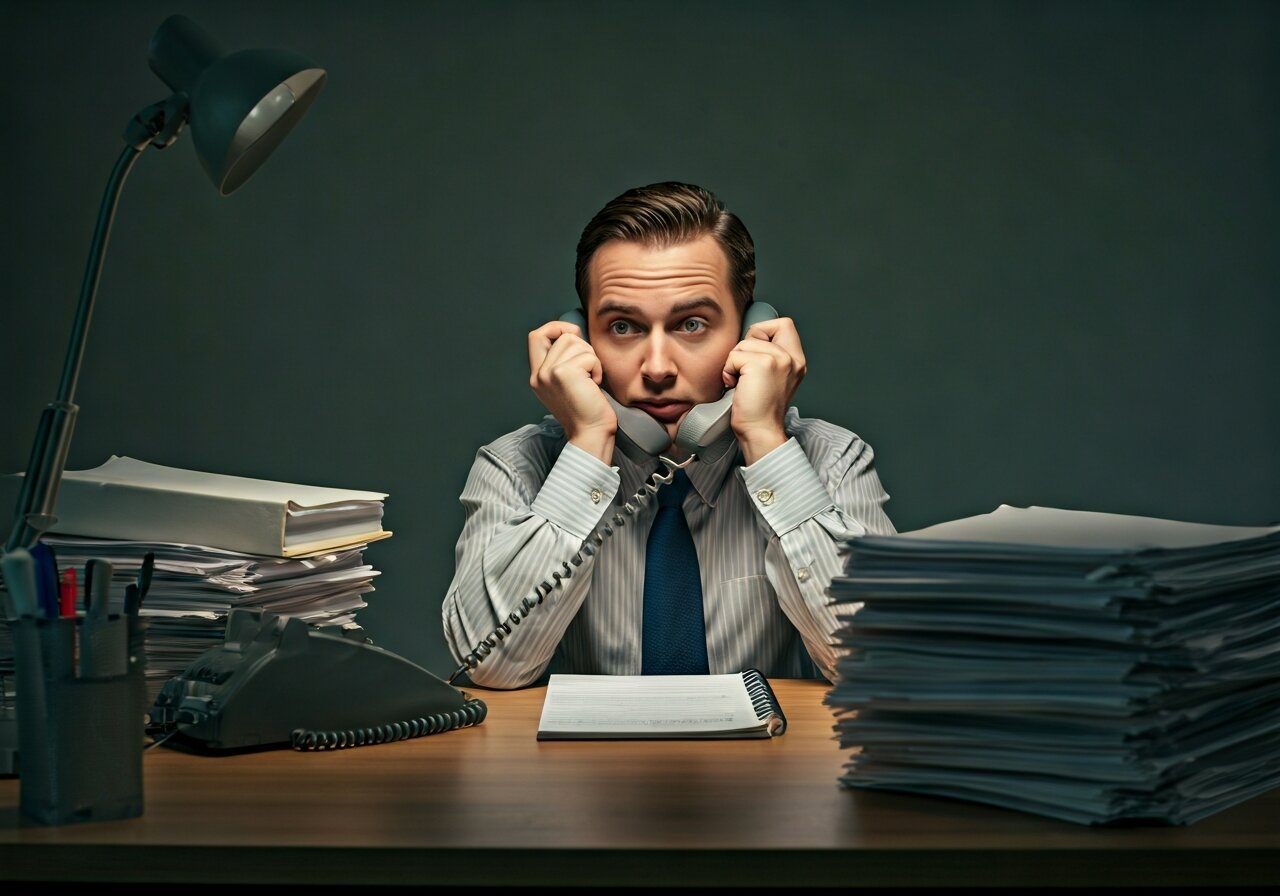 A property manager at a cluttered desk in a small office, holding two ringing phones while a stack of maintenance request forms piles up, looking overwhelmed and stressed