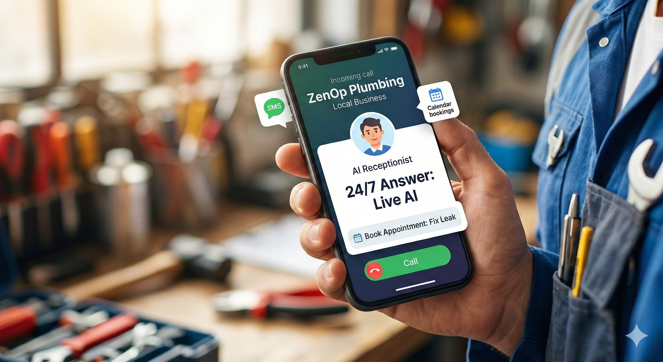 Plumber holding a phone showing ZenOp AI Receptionist answering a call, booking an appointment, and sending SMS follow-up