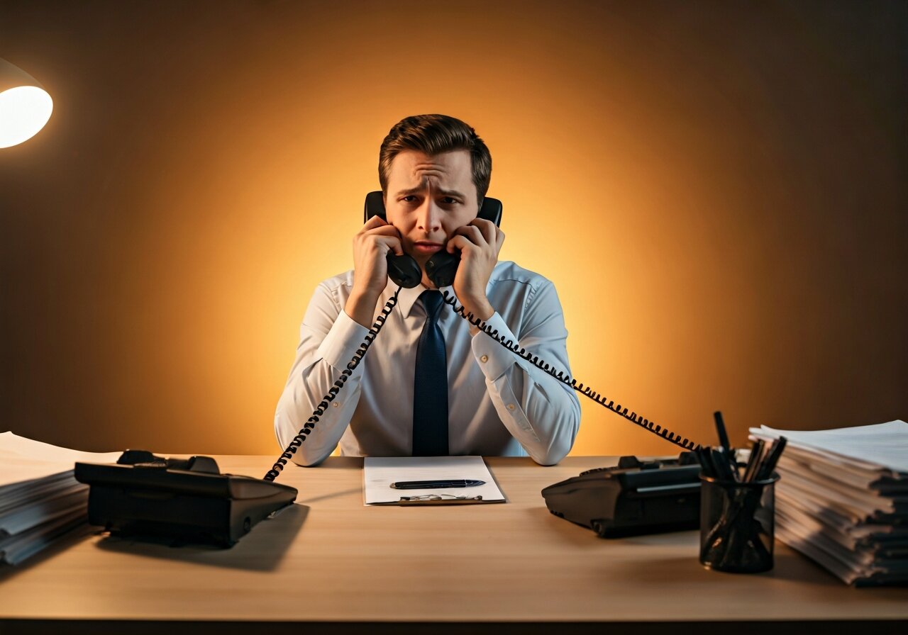 A small business owner at a cluttered desk looking stressed while two phone lines ring simultaneously, papers and a laptop visible, warm office lighting