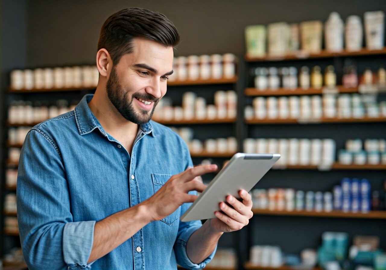 A happy small business owner reviewing a simple monthly invoice on a tablet while standing in their shop, bright natural lighting, shelves of products in the background