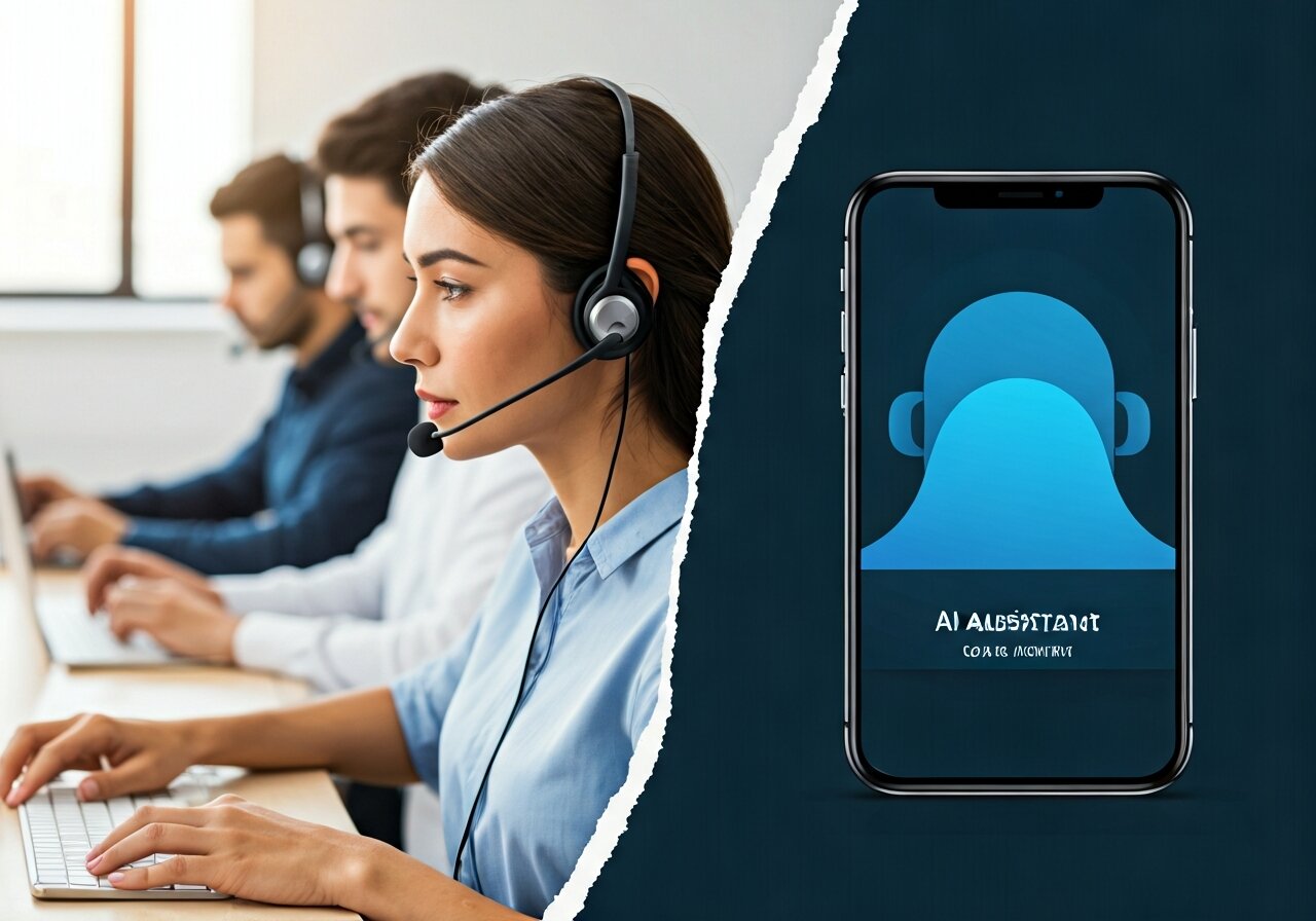 A comparison scene showing a split view with a busy call center with headset-wearing operators on one side and a sleek smartphone displaying an AI assistant interface on the other side