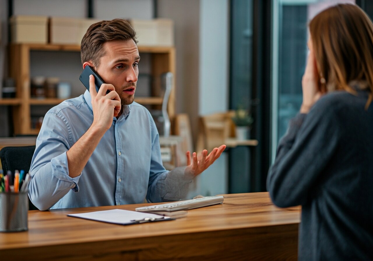 A small business owner at a cluttered desk with a ringing phone in one hand and a customer standing at the counter, looking torn between the two in a bright retail shop
