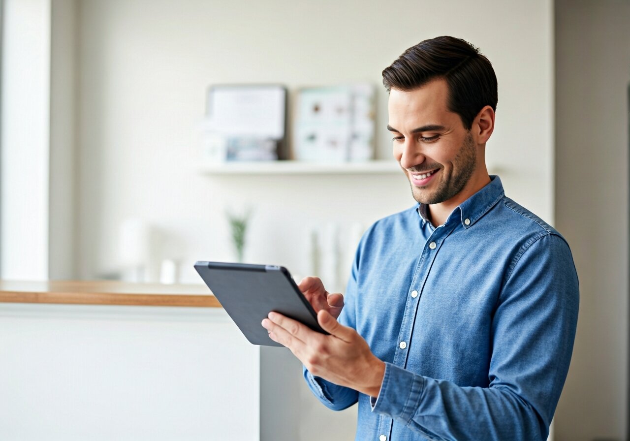 A friendly small business owner smiling while checking appointment notifications on a tablet, with a calm and organized reception area in the background of a modern service business