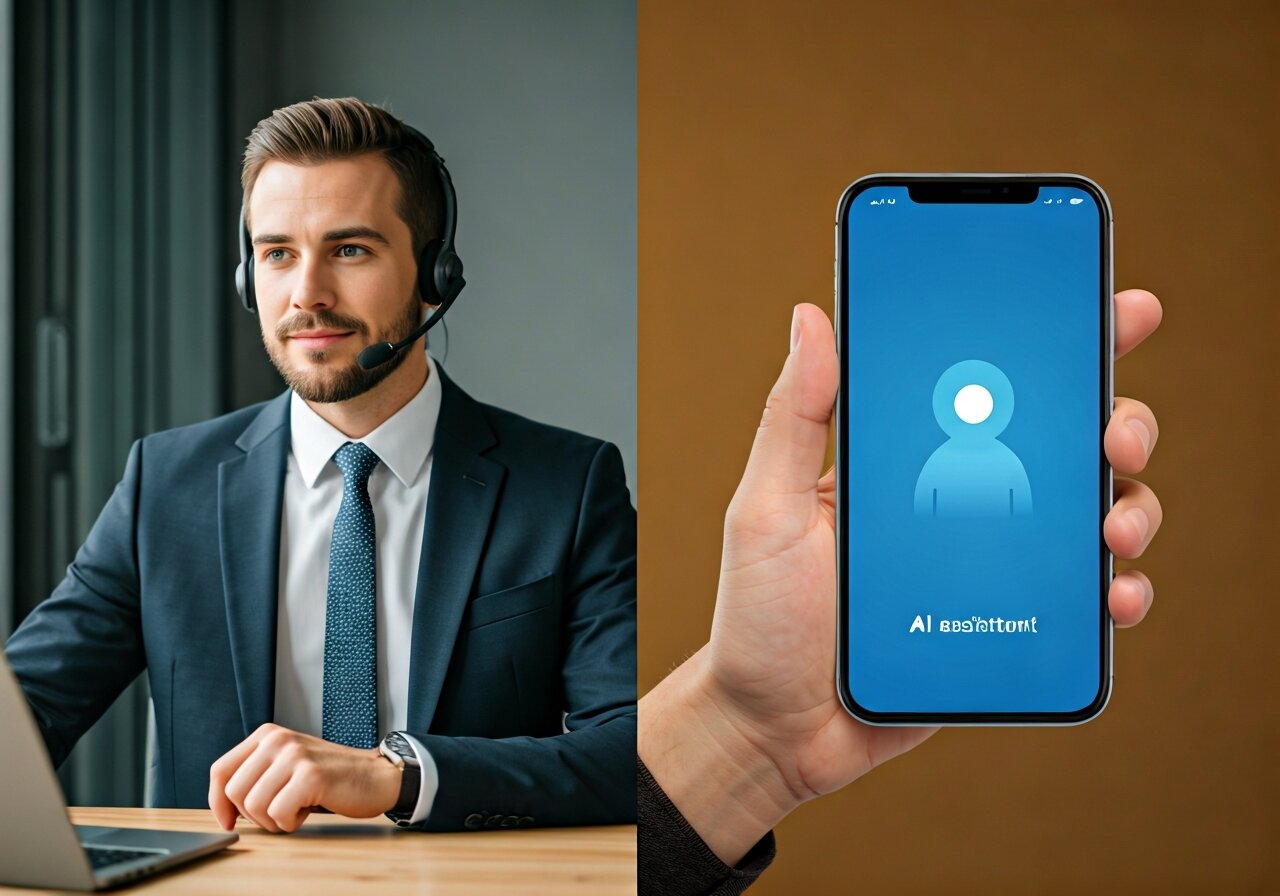 A split-screen comparison showing a call center agent wearing a headset at a desk on one side and a smartphone screen displaying an AI assistant interface on the other, in a clean modern office setting