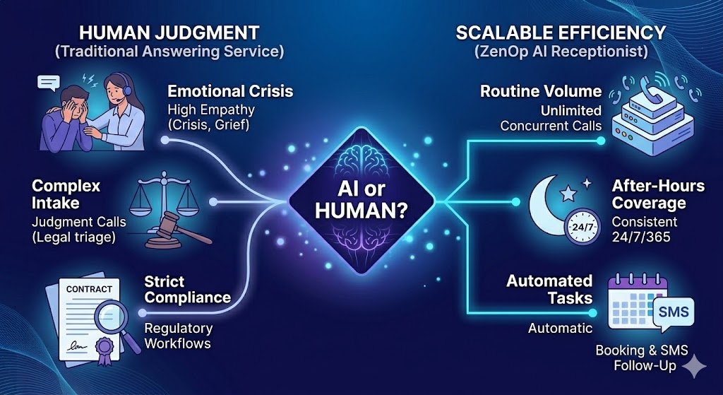 AI or Human? When human judgment wins (emotional crisis, complex intake, strict compliance) versus when AI wins (routine volume, after-hours coverage, automated booking and SMS follow-up)