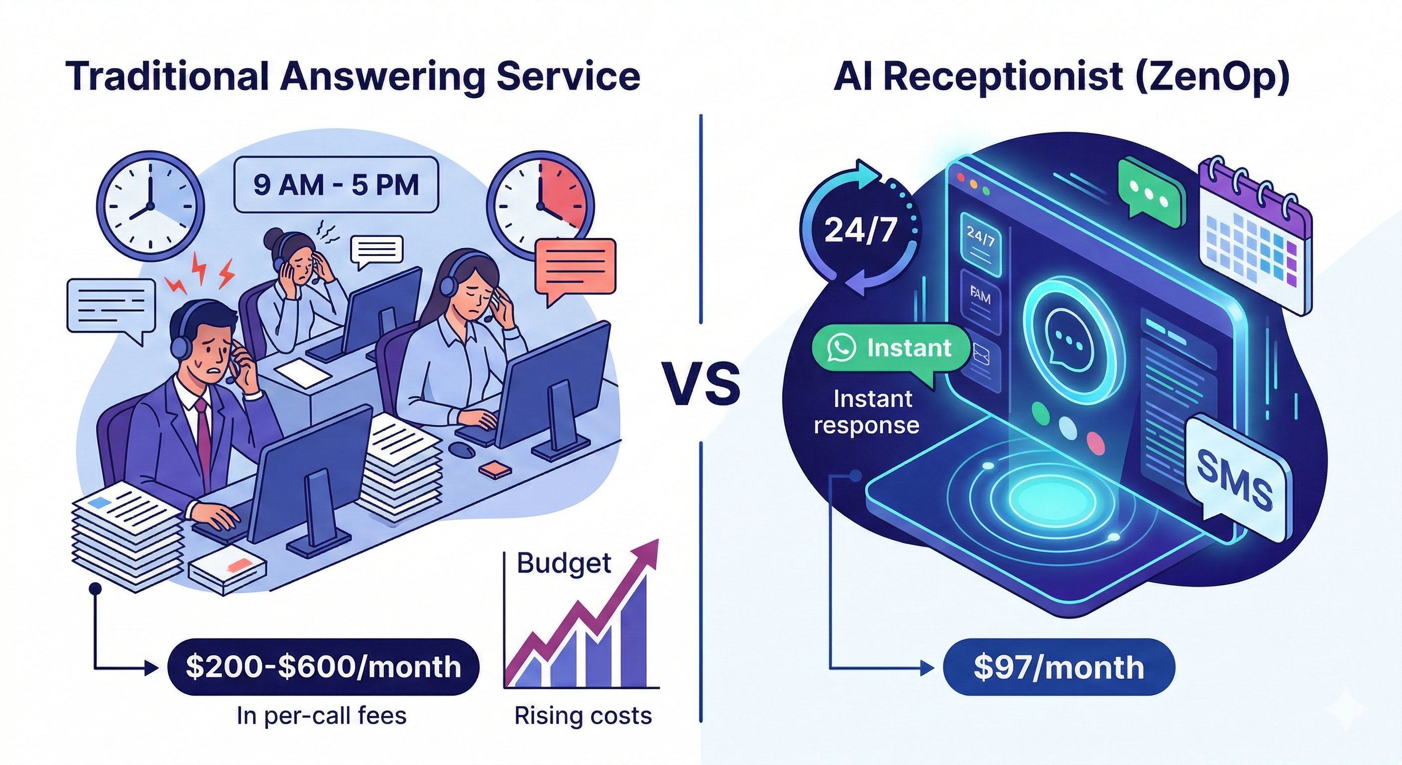 Traditional answering service versus AI receptionist comparison - human operators at $200-$600/month with limited hours versus ZenOp AI at $97/month with 24/7 instant response
