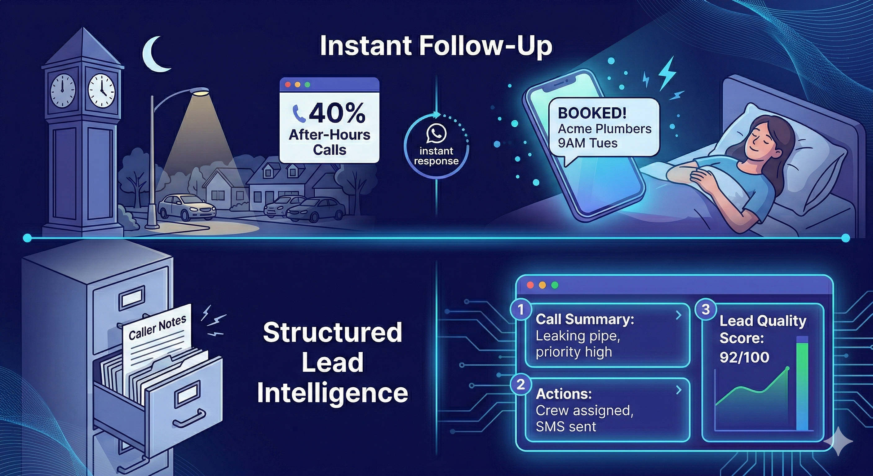 Instant follow-up and structured lead intelligence - 40% of after-hours calls get instant response, automatic booking, call summaries, and lead quality scoring