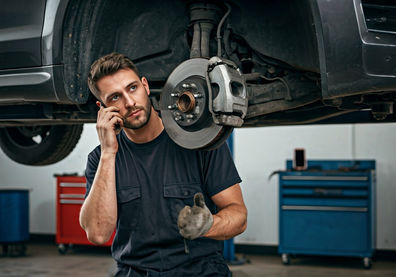 A skilled auto mechanic in a clean modern repair bay, focused on a brake job under a lifted vehicle, with his phone ringing on a workbench in the background that he cannot reach