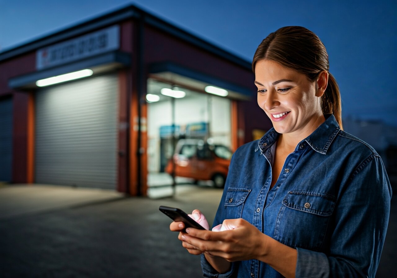 A small auto repair shop owner smiling and reviewing call summaries and appointment bookings on her smartphone in the evening, with her closed shop visible behind her, illustrating peace of mind from 24/7 call coverage