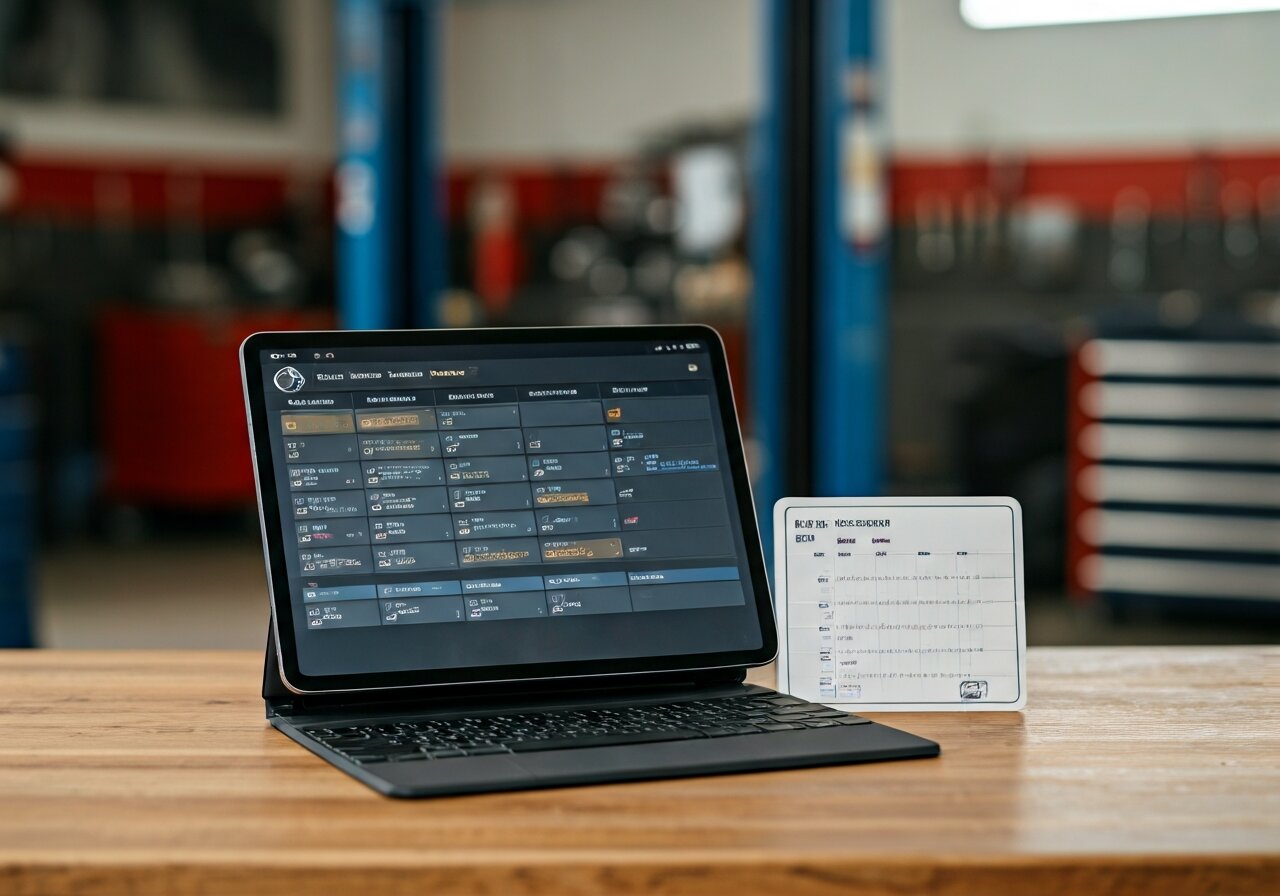 A welcoming auto repair shop service writer desk with a tablet showing an appointment calendar full of bookings, vehicle info cards visible, and a friendly atmosphere with shop tools blurred in the background