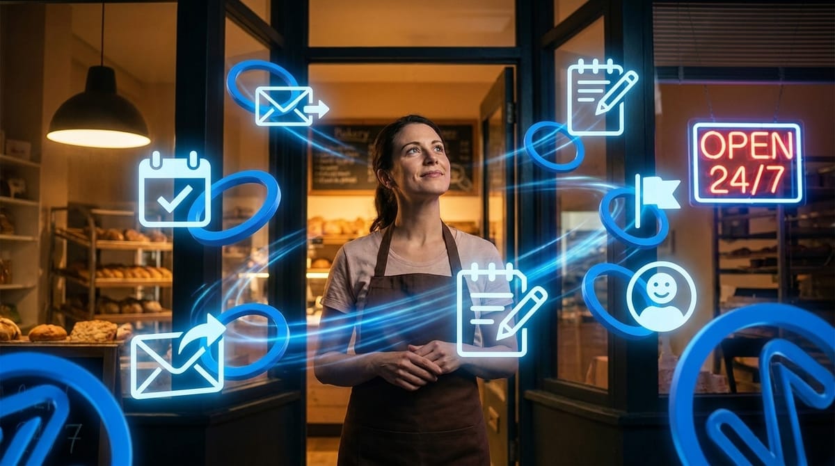 A bakery owner watching her ZenOp dashboard light up with booked appointments and SMS confirmations under an Open 24/7 sign - what every small business wants
