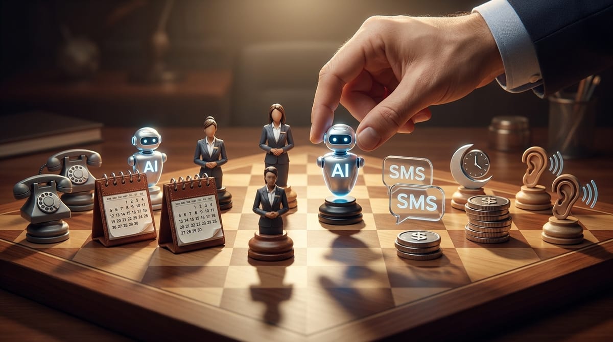 Chessboard with AI, calendar, SMS, phone, and human receptionist pieces - choosing the right AI receptionist is a strategic decision based on your business priorities