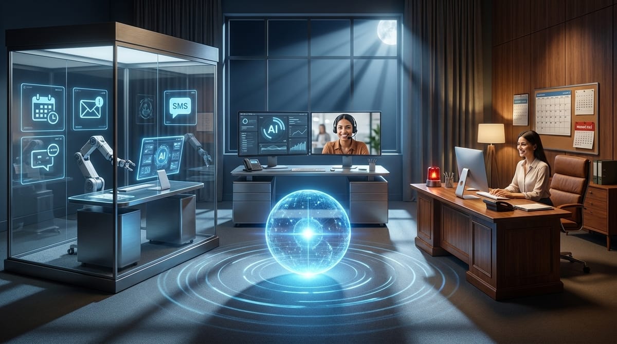 AI-powered phone command center with conversational AI, SMS follow-up, calendar booking, and a live receptionist working alongside - what a modern AI receptionist actually does