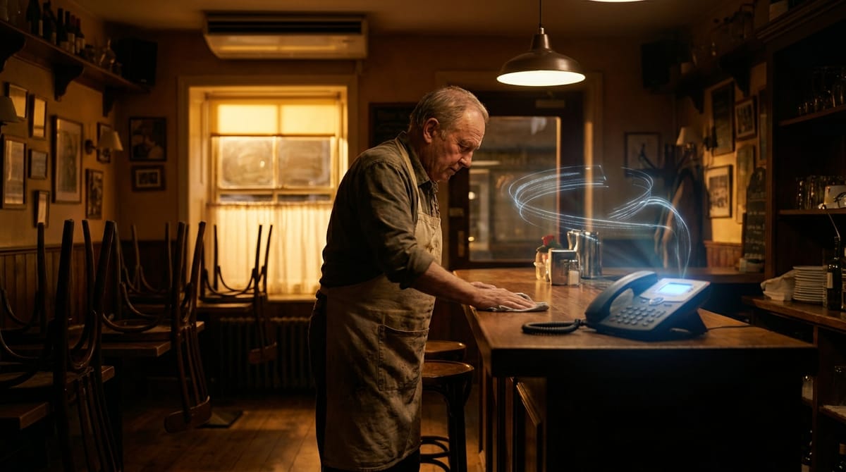 A small restaurant owner cleaning the counter at night while the business phone rings unanswered - the missed-call problem every small business is trying to solve