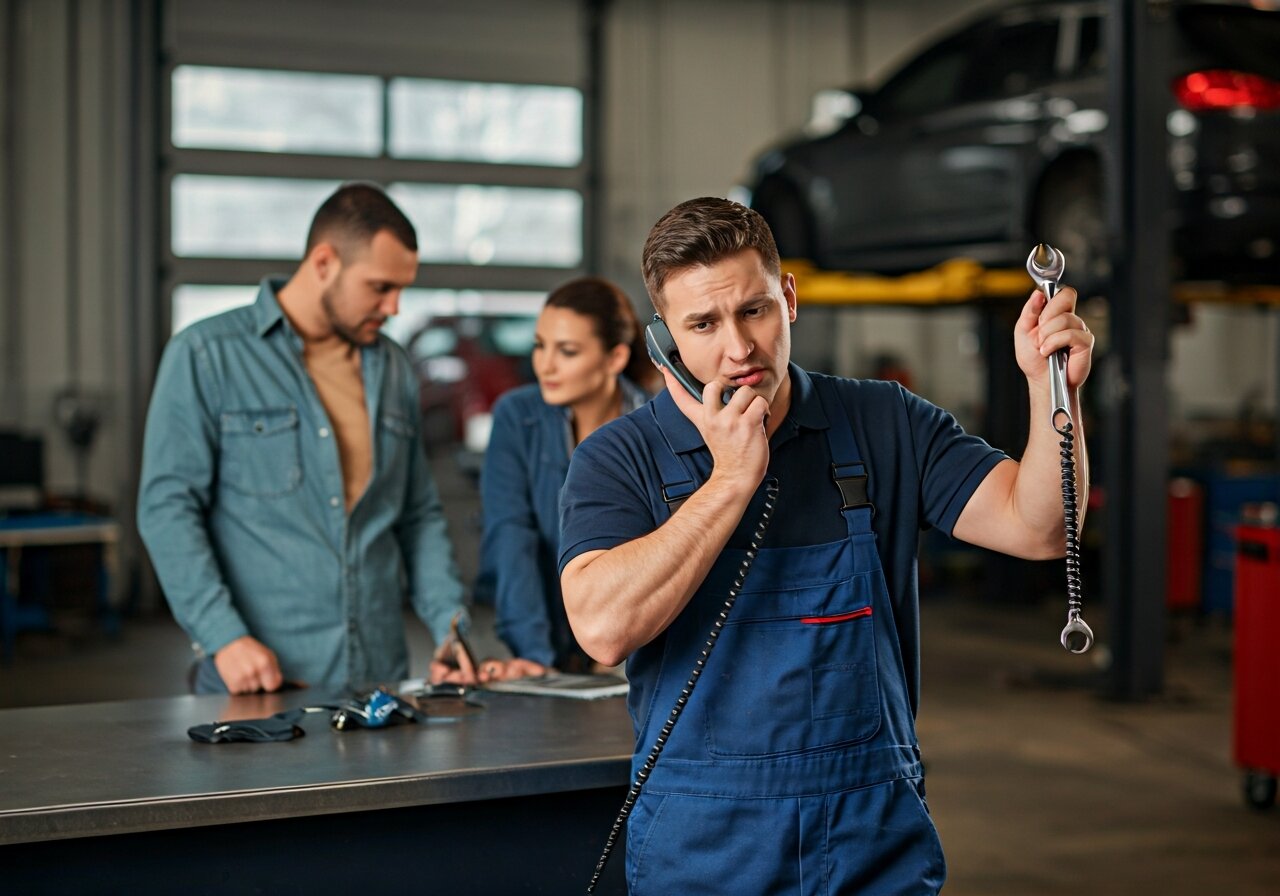 A small business owner at a busy auto repair shop holding a ringing phone in one hand and a wrench in the other, looking stressed, with two customers waiting at the counter and cars on lifts in the background