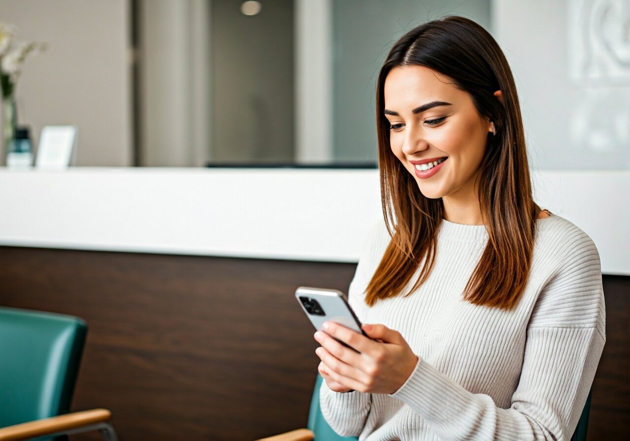 A cheerful woman sitting in a bright dental office waiting room, smiling while looking at her phone, having just booked an appointment, with a reception desk visible in the background