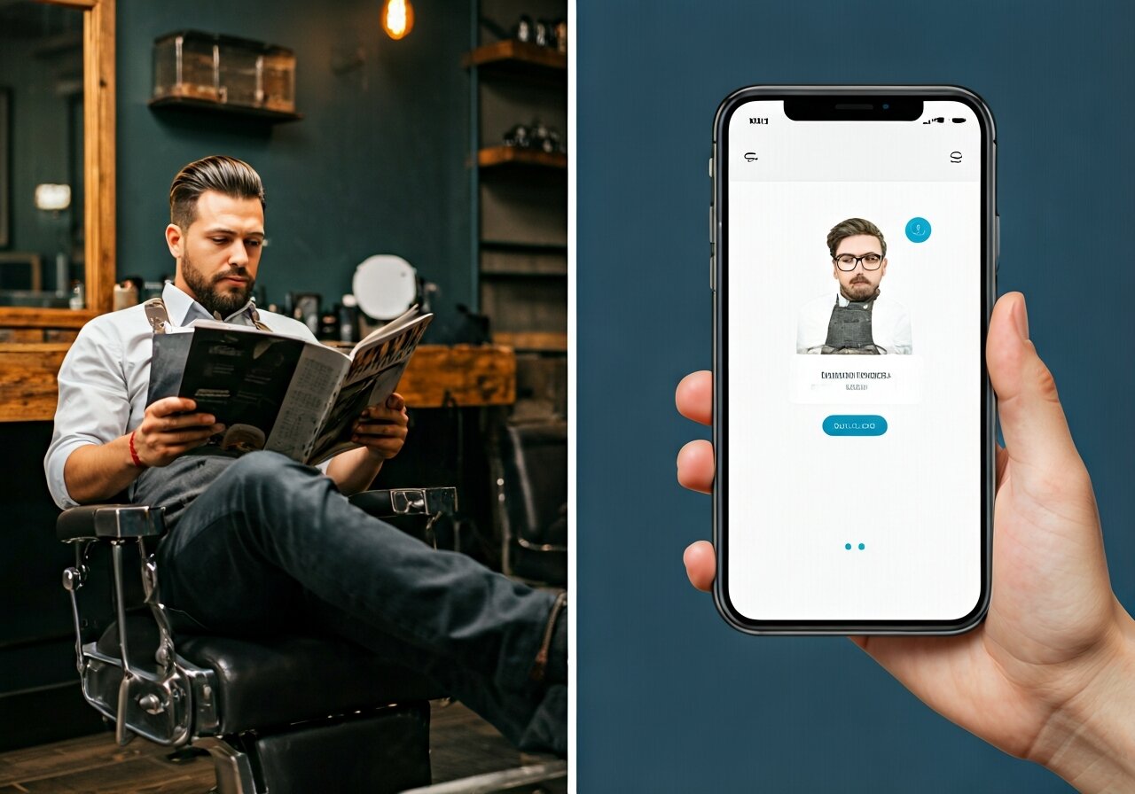 A split-screen view of a relaxed barbershop owner leaning back in a barber chair reading a magazine on the left, while on the right side a phone screen shows a notification of a new appointment just booked automatically