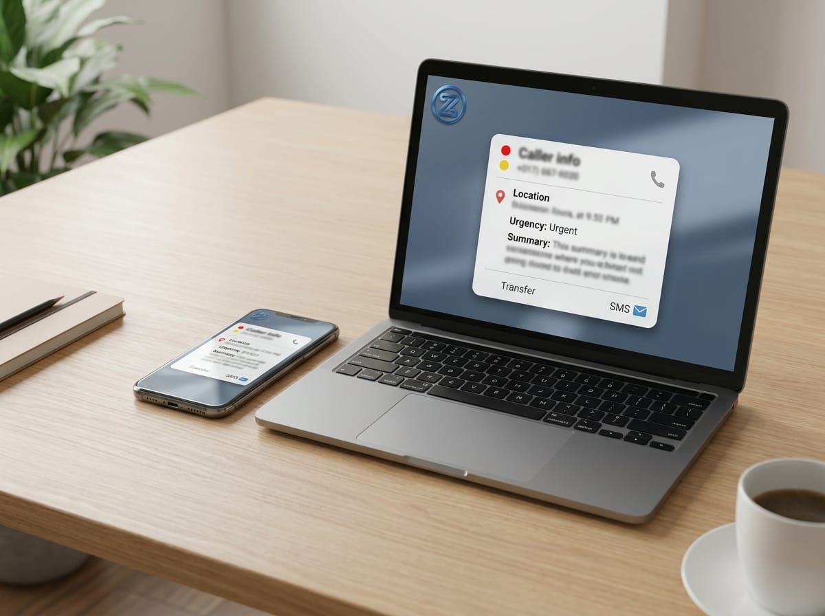 A ZenOp urgent call alert card on a laptop and phone showing caller info, location, urgency level, summary, and transfer/SMS options - what you see when an emergency call comes in