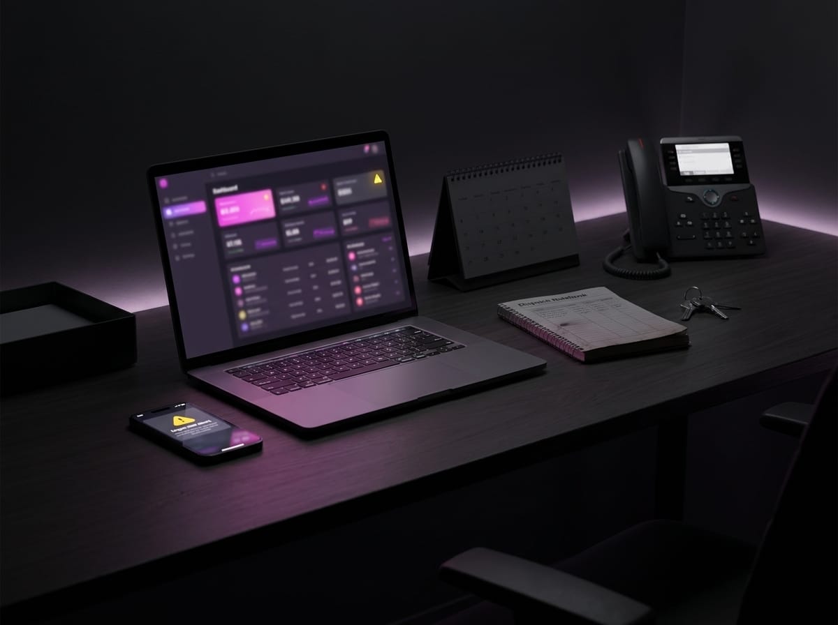 A dispatch desk at night with ZenOp dashboard showing flagged urgent calls, a phone displaying a lockout alert, and a dispatcher's notebook ready - urgency monitoring after hours
