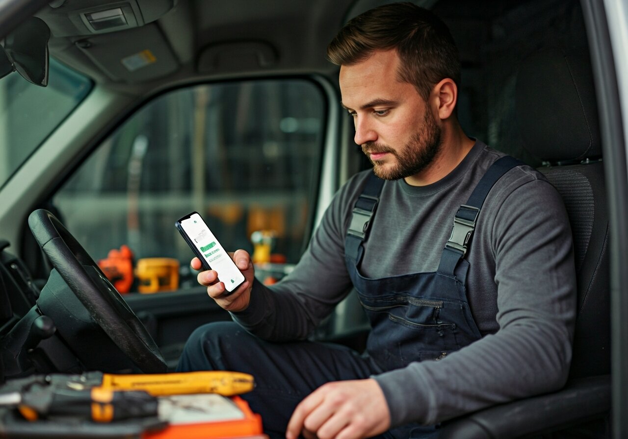 A plumber sitting in a work van checking a smartphone notification showing a new lead captured while they were on a job site, tools visible on the passenger seat