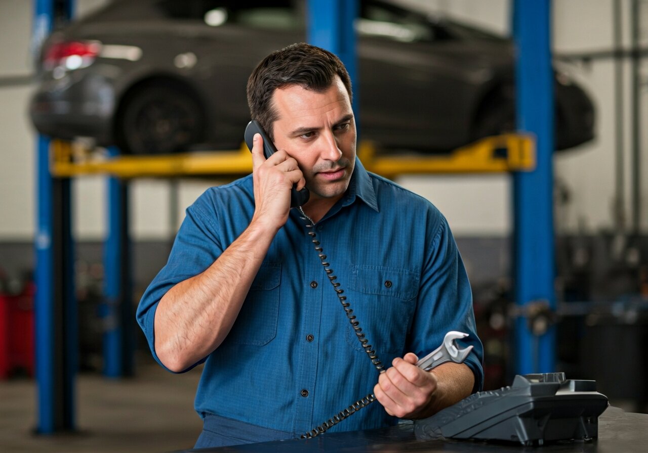 A small business owner in a busy auto repair shop holding a wrench in one hand and glancing at a ringing desk phone they cannot reach, cars on lifts in the background