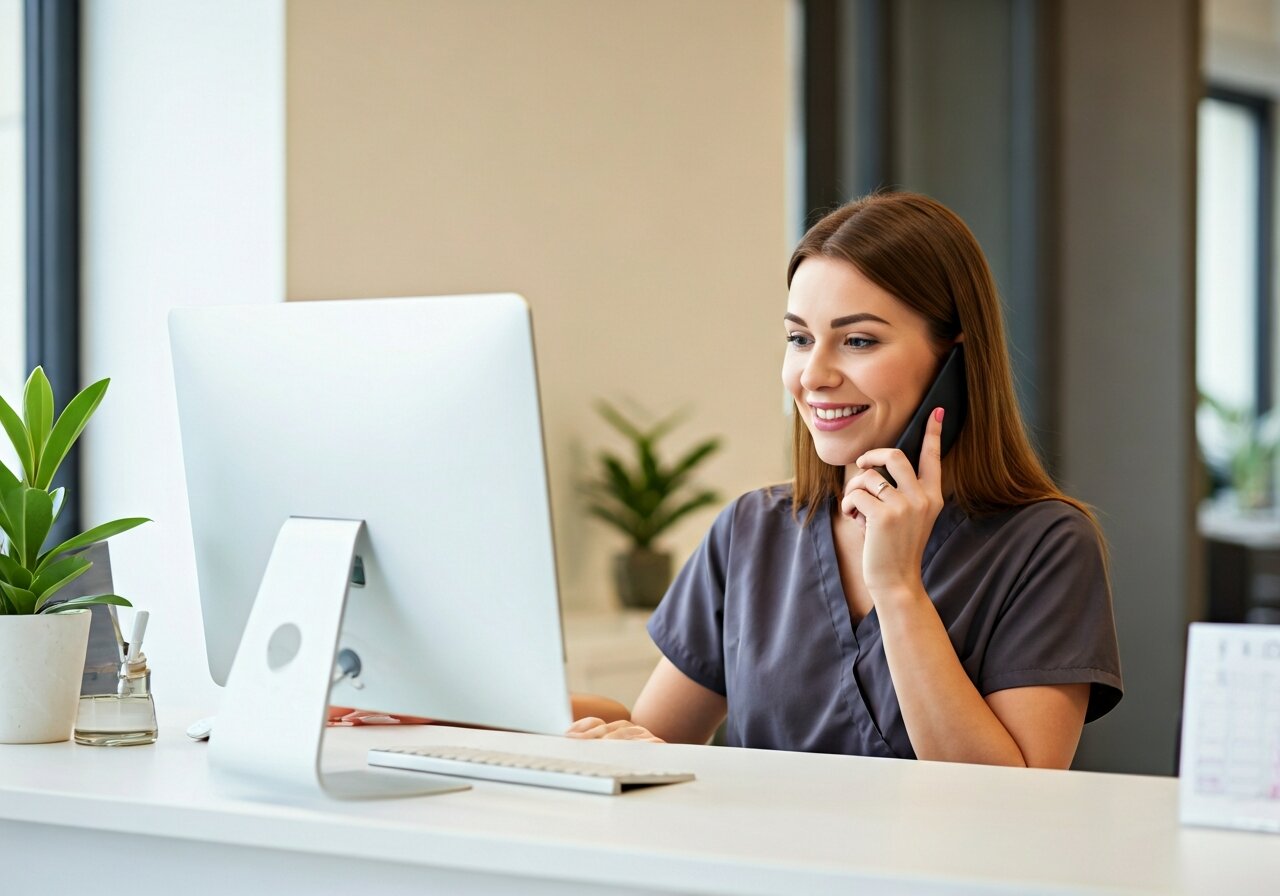 A cheerful salon receptionist at a clean front desk answering a phone while looking at a computer screen showing a booking calendar, bright modern interior