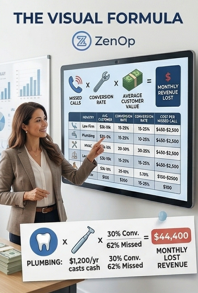 The visual formula - missed calls times conversion rate times average customer value equals monthly revenue lost, with industry cost-per-missed-call breakdown