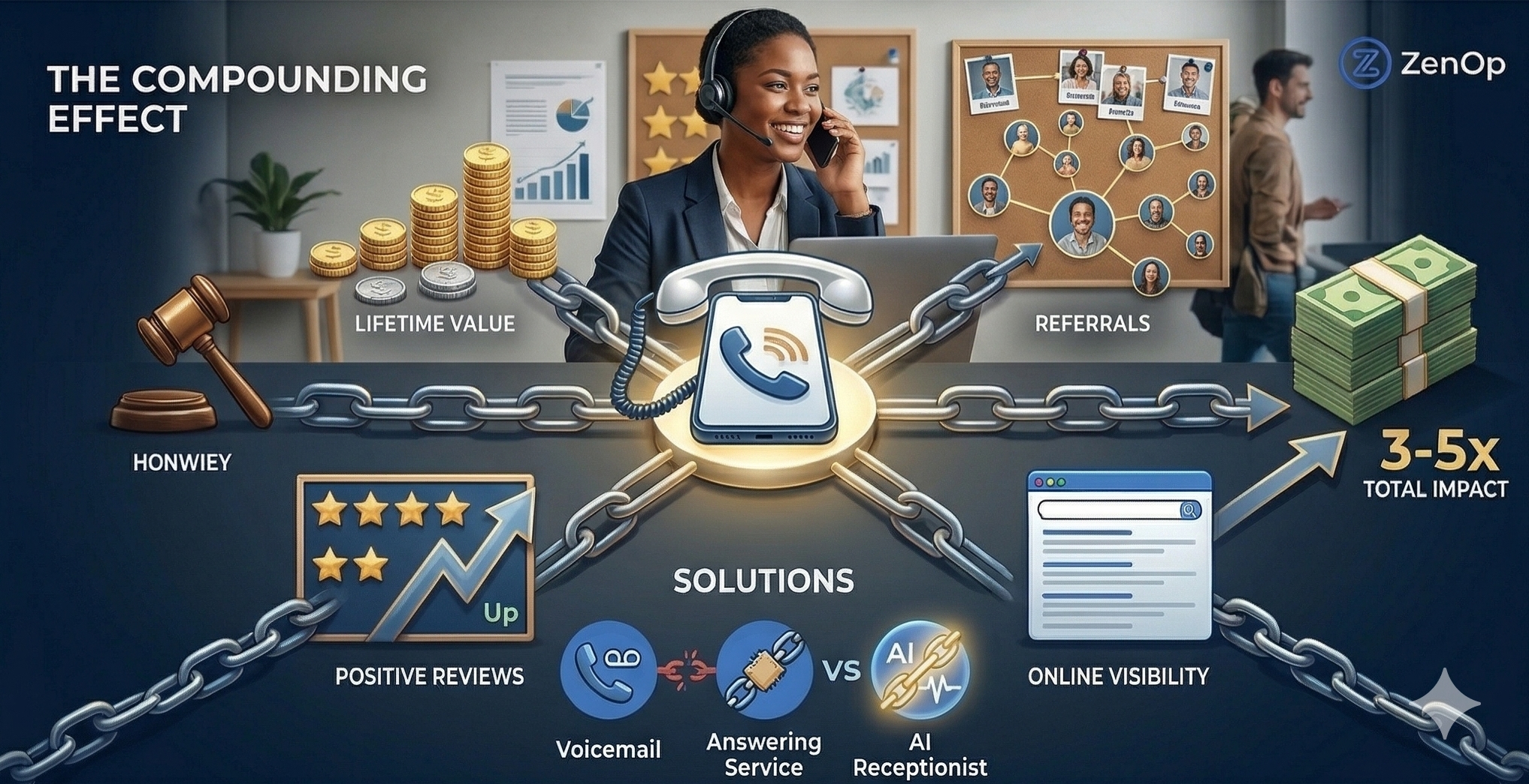 The compounding effect of every answered call - lifetime value, referrals, positive reviews, and online visibility create 3-5x total impact