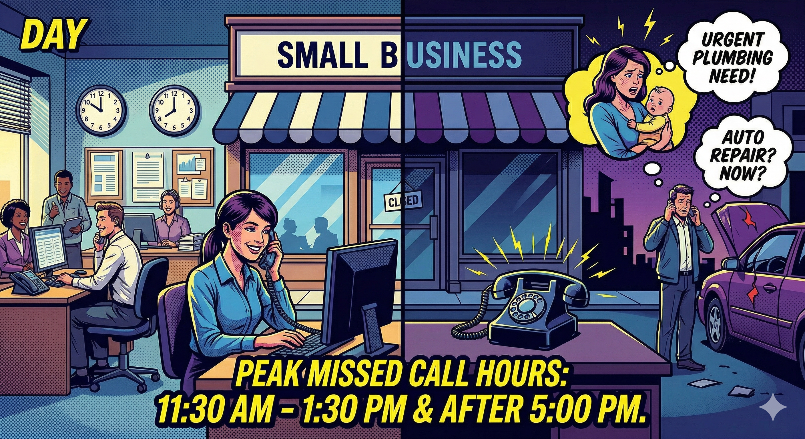 Day versus night at a small business - staff answers during the day but after 5 PM the phone rings unanswered while customers have urgent plumbing and auto repair needs