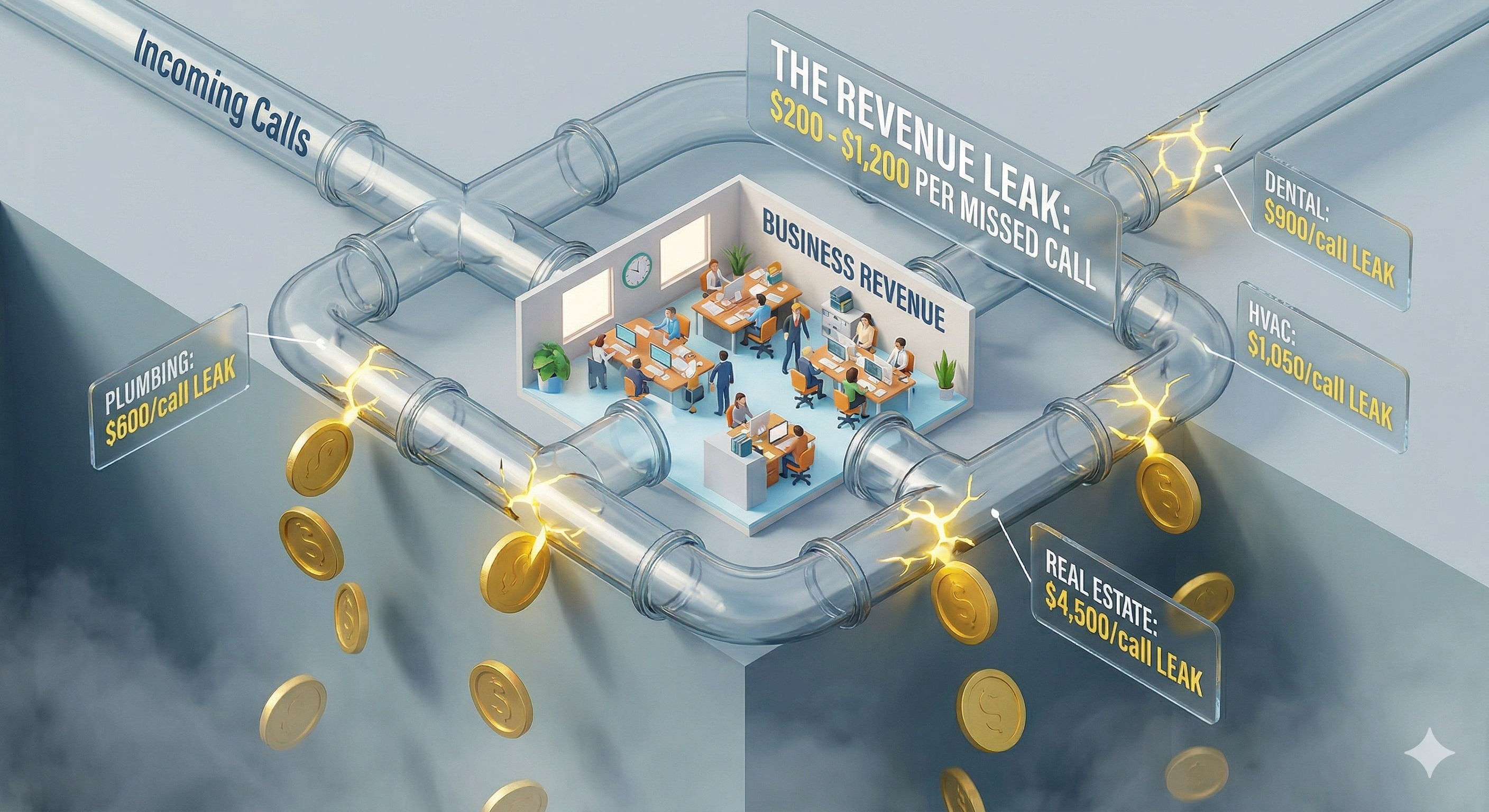 The revenue leak - incoming calls leak $200 to $1,200 per missed call across industries including plumbing ($600), dental ($900), HVAC ($1,050), and real estate ($4,500)
