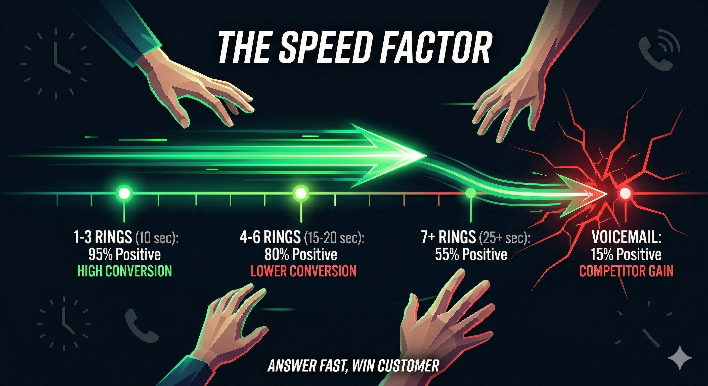 The Speed Factor - answering in 1-3 rings gives 95% positive satisfaction and high conversion, while voicemail drops to 15% positive and the competitor gains