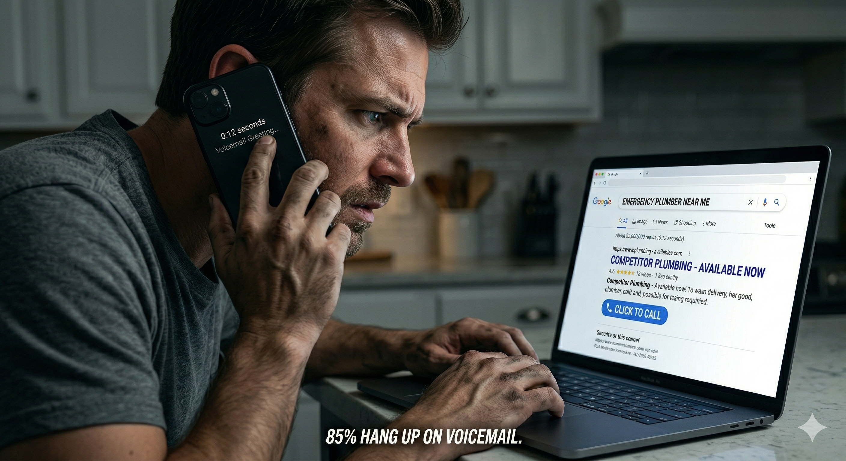 A frustrated caller on hold for 8-12 seconds already searching for a competitor plumber on his laptop - 85% hang up on voicemail