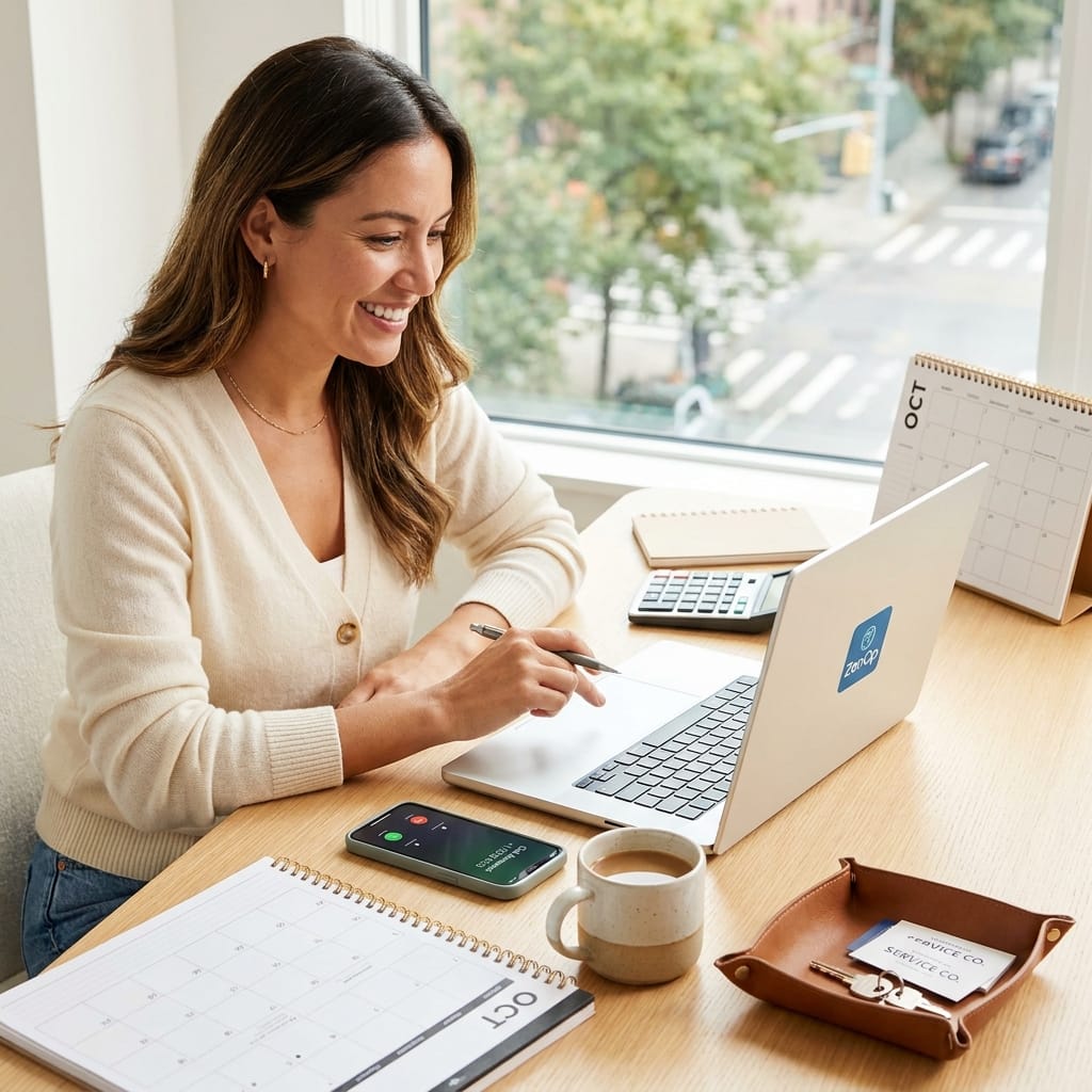 A business owner calculating her missed-call numbers on a laptop and calculator, with ZenOp running on her phone and a wall calendar nearby