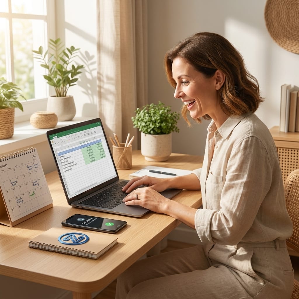 A small business owner smiling while reviewing her recovered-revenue spreadsheet on a laptop, with ZenOp answering calls in the background