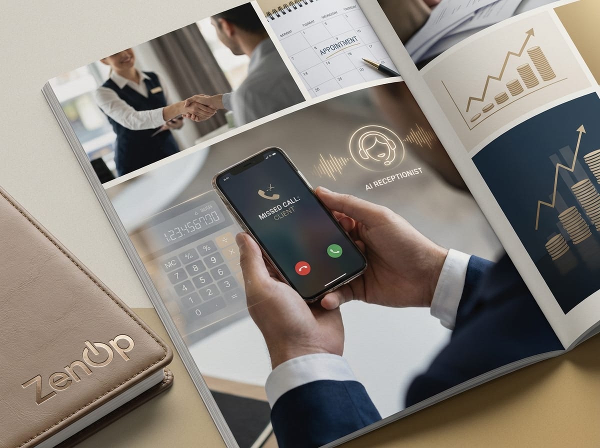 A magazine spread showing the AI receptionist value chain - a captured client call, a booked appointment on the calendar, and rising revenue charts